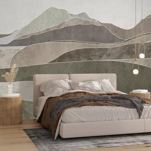 Fotobehang Abstract berglandschap in groene en beige kleuren, minimalistische stijl.