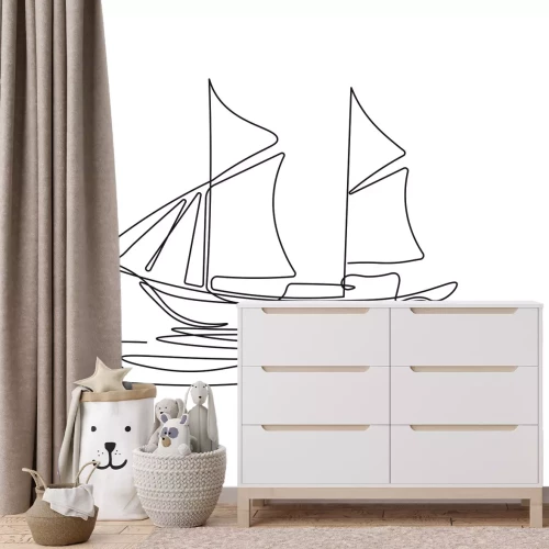 Fotobehang Een minimalistische tekening van een zeilboot op een witte achtergrond
