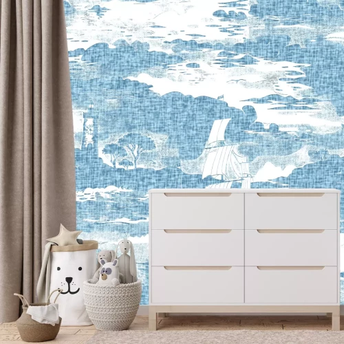 Fotobehang Een modern landschap met silhouetten van vuurtorens en zeilboten