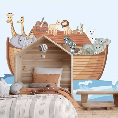 Fotobehang Een boot vol dieren die op de golven wiegen