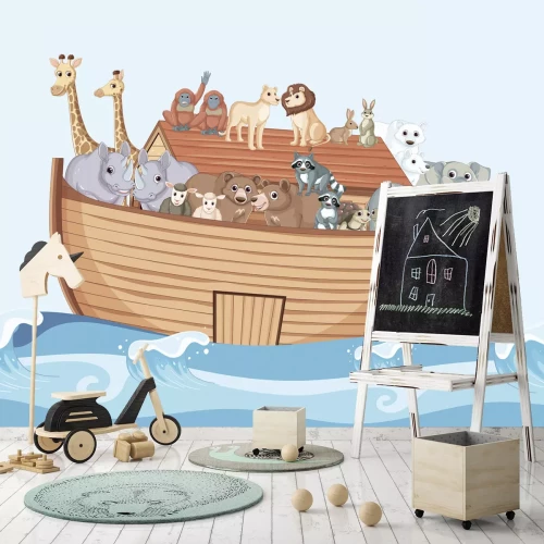 Fotobehang Een boot vol dieren die op de golven wiegen