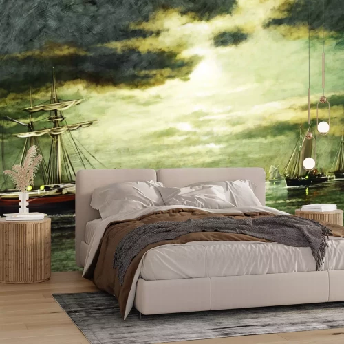 Fotobehang Zeilschepen verlicht door de gouden zonnestralen