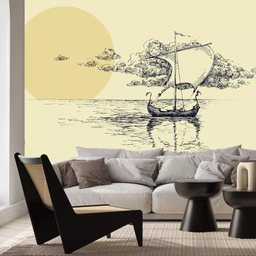 Fotobehang Een delicate tekening van een zeilschip tegen de achtergrond van een schilderachtige zonsondergang.