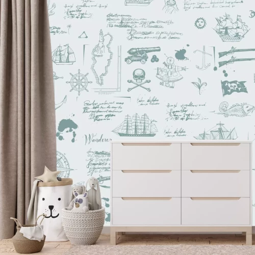 Fotobehang Piratenpatroon met retro-schip- en kompasiconen