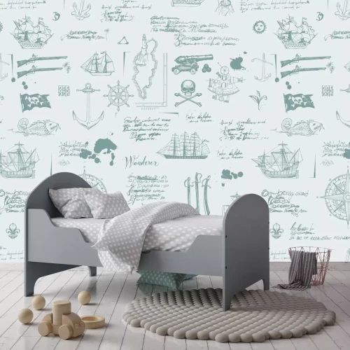 Fotobehang Piratenpatroon met retro-schip- en kompasiconen