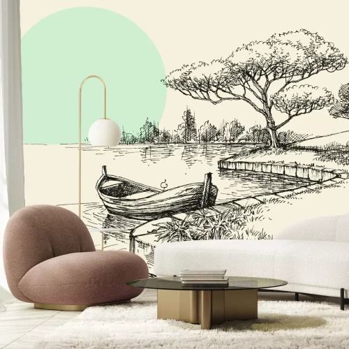 Fotobehang Een boot in het licht van de ondergaande zon met een bos op de achtergrond