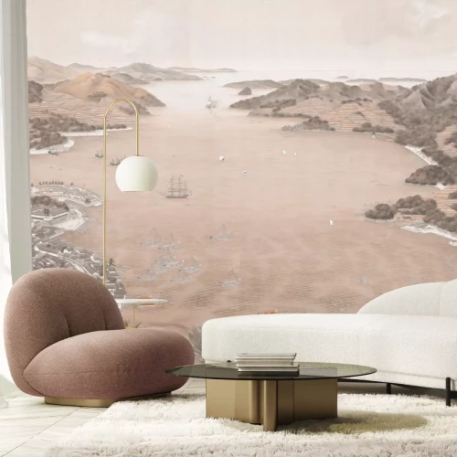 Fotobehang De huizen van de stad tegen de achtergrond van het zee- en berglandschap