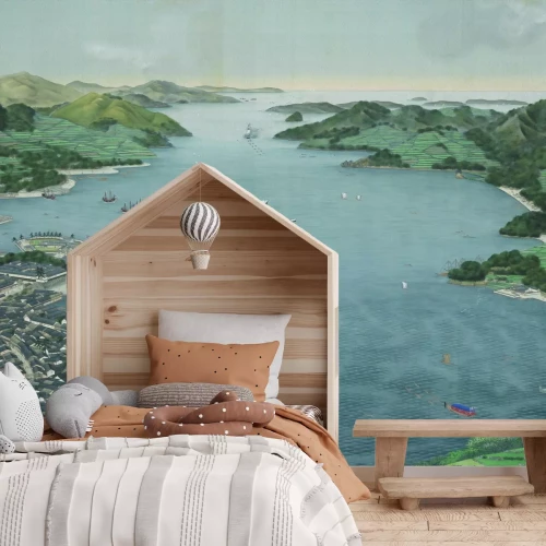 Fotobehang Een vogelperspectief op de bergen rondom de badplaats