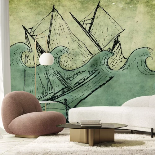 Fotobehang Een zinkend schip te midden van de ruwe zeegolven