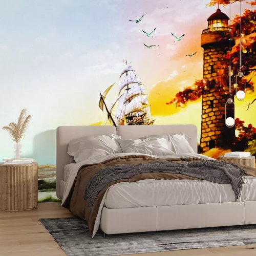 Fotobehang Een klassiek schip met een vuurtoren en golven op de achtergrond.