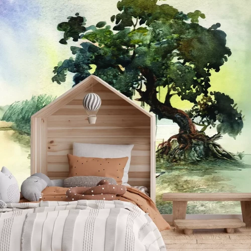 Fotobehang Een aquarelboom tegen een kalme zee