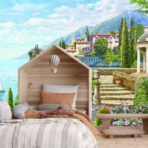 Fotobehang Een schilderachtig landschap met een panorama van bergtoppen