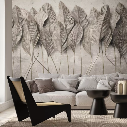 Fotobehang Monochromatische 3D-bladeren op beton