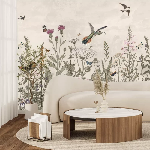 Fotobehang Bloemrijke weide en vogellandschap