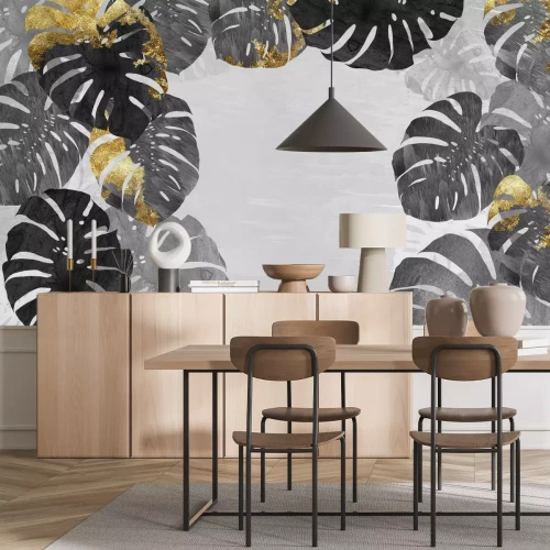 Fotobehang Monsterabladeren met gouden elementen