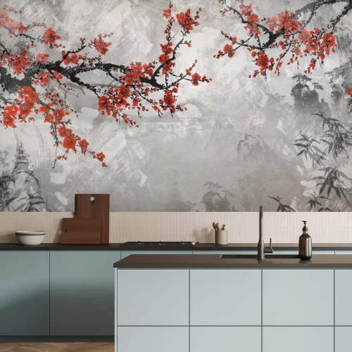 Fotobehang Kersenbloesemlandschap in chinoiseriestijl