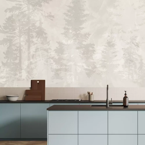 Fotobehang Mistig naaldbos in beige minimalistisch patroon