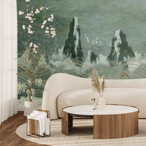 Fotobehang Chinees landschap met planten, bergen en vogels