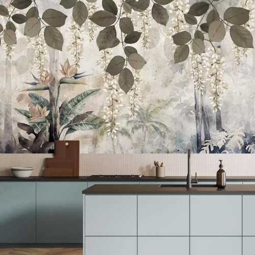 Fotobehang Tropische planten en witte bloemen