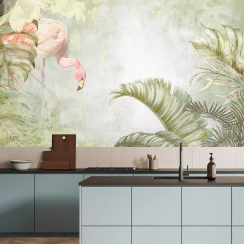 Fotobehang Flamingo tussen tropische planten in de jungle