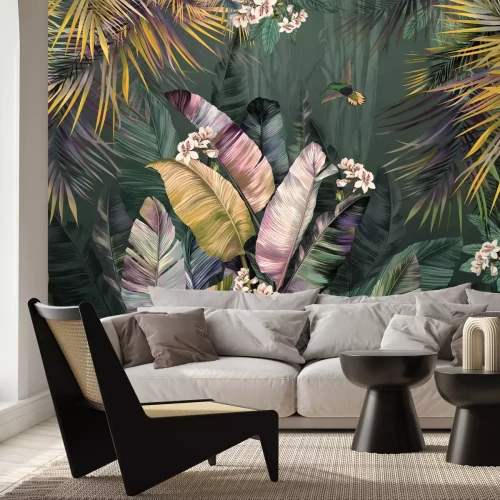 Fotobehang Kleurrijke bananen- en palmbladeren