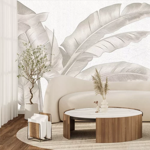 Fotobehang Grote tropische bladeren in beige