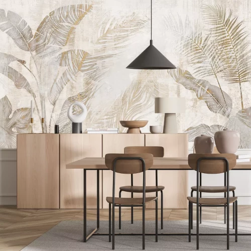 Fotobehang Tropisch bladeren betoneffect