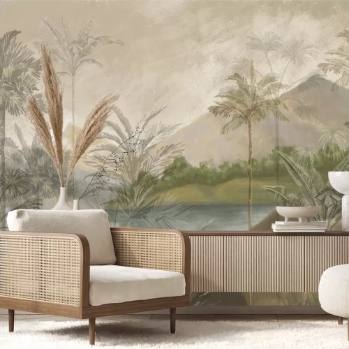 Fotobehang Tropisch landschap met palmbomen en bergen