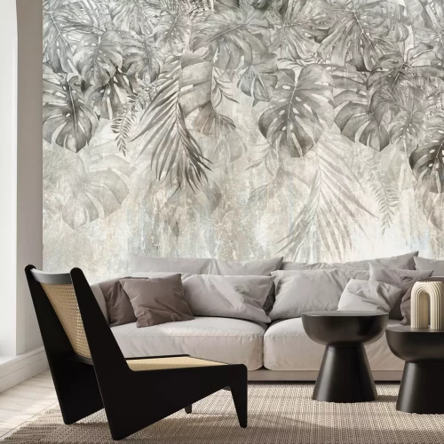 Fotobehang Monstera palm- en bananenbladeren in grijs