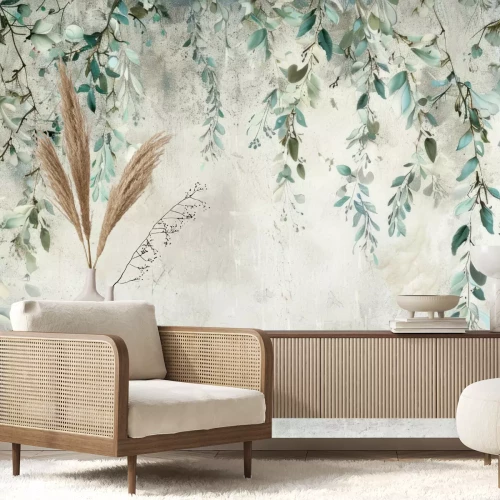 Fotobehang Groene bladeren aan takken hangen erboven