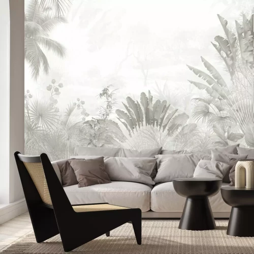Fotobehang Tropische bomen en bladeren in mistig bosbehangontwerp - 3D