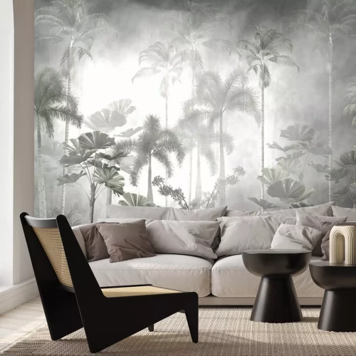 Fotobehang Tropische bomen en bladeren in mistig bosbehangontwerp - 3D