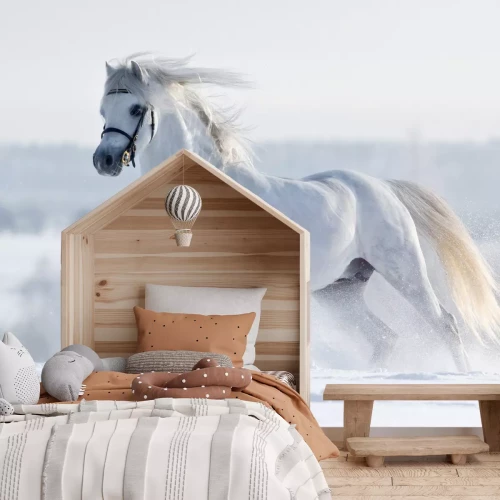 Fotobehang Een wit paard galoppeert door een veld in de winter