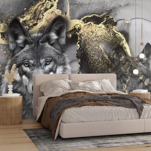 Fotobehang Grijs portret van wolven met gouden ornamenten
