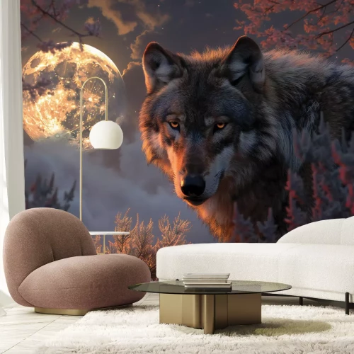 Fotobehang Een wolf in een plantenscène onder volle maan