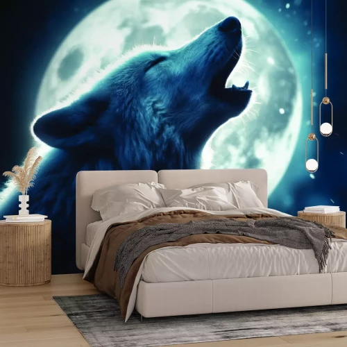 Fotobehang Een wolf huilt bij volle maan op de heuvel