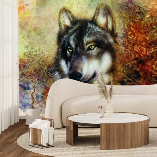 Fotobehang Artistiek portret van een wolf met een decoratieve achtergrond