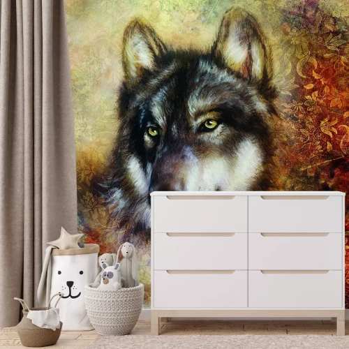 Fotobehang Artistiek portret van een wolf met een decoratieve achtergrond