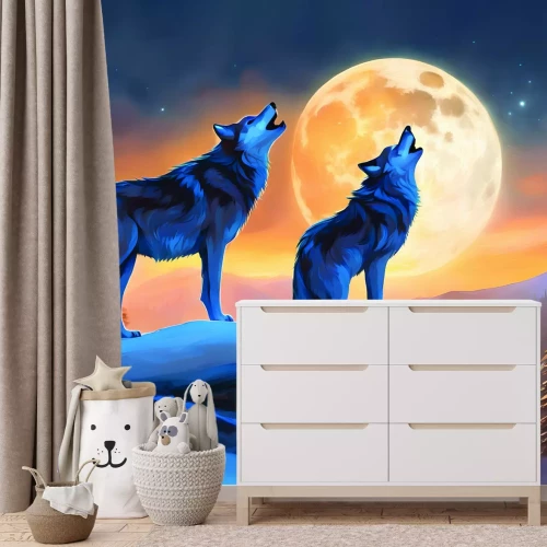 Fotobehang Landschap met wolven tegen de achtergrond van een volle maan