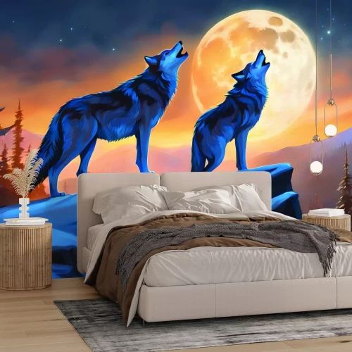 Fotobehang Landschap met wolven tegen de achtergrond van een volle maan