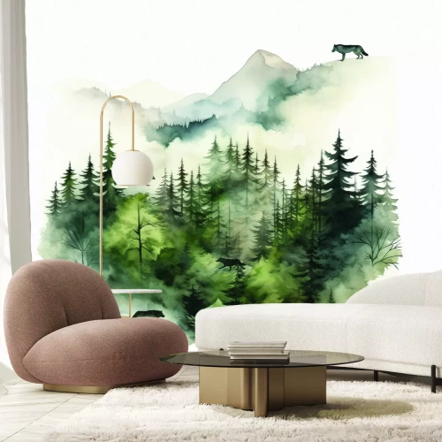 Fotobehang Aquarel schilderij van bergheuvels met bos en wolven