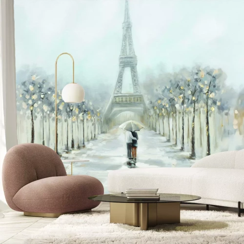 Fotobehang Een subtiele aquarel van de Eiffeltoren met straatlantaarns