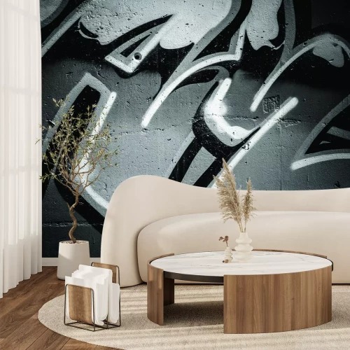 Fotobehang Minimalistische zwart-witte graffiti op een betonnen muur.