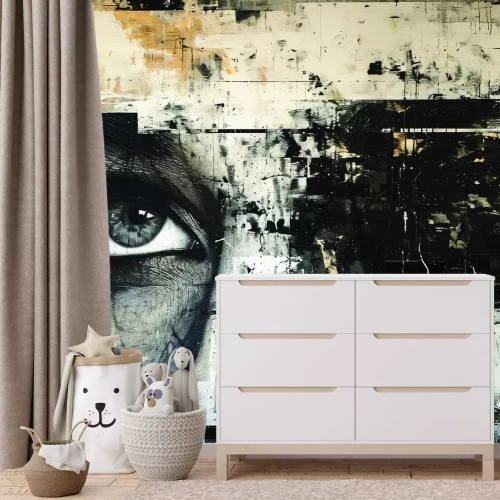 Fotobehang Een expressieve muurschildering met een portret van een vrouwengezicht