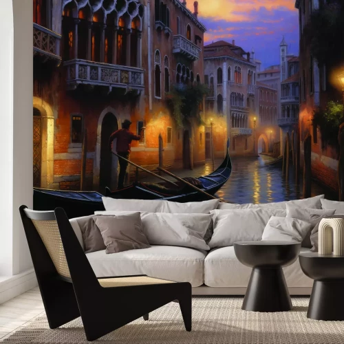Fotobehang Een rustige nacht op de Venetiaanse kanalen met een gondelier