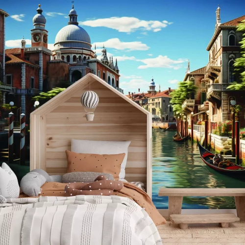 Fotobehang Een Venetiaans kanaal tussen architectonische monumenten