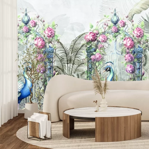 Fotobehang Botanisch rozenpark met majestueuze pauwen