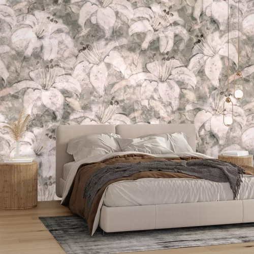 Fotobehang Een delicaat schilderachtig patroon met leliebloemen