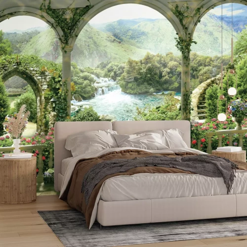 Fotobehang Oude bogen die uitkomen op een sprookjesachtige tuin