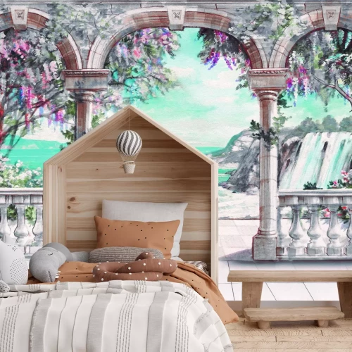 Fotobehang Een charmant terras met planten aan de kust